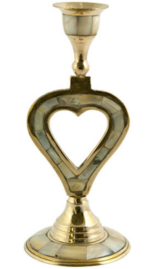 Candle Holder | 6.5" H Brass Mother of Pearl Heart Candle Holder