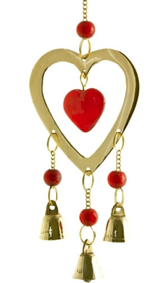 Wind Chimes | Heart Brass Chime with Bells & Beads - 9"L