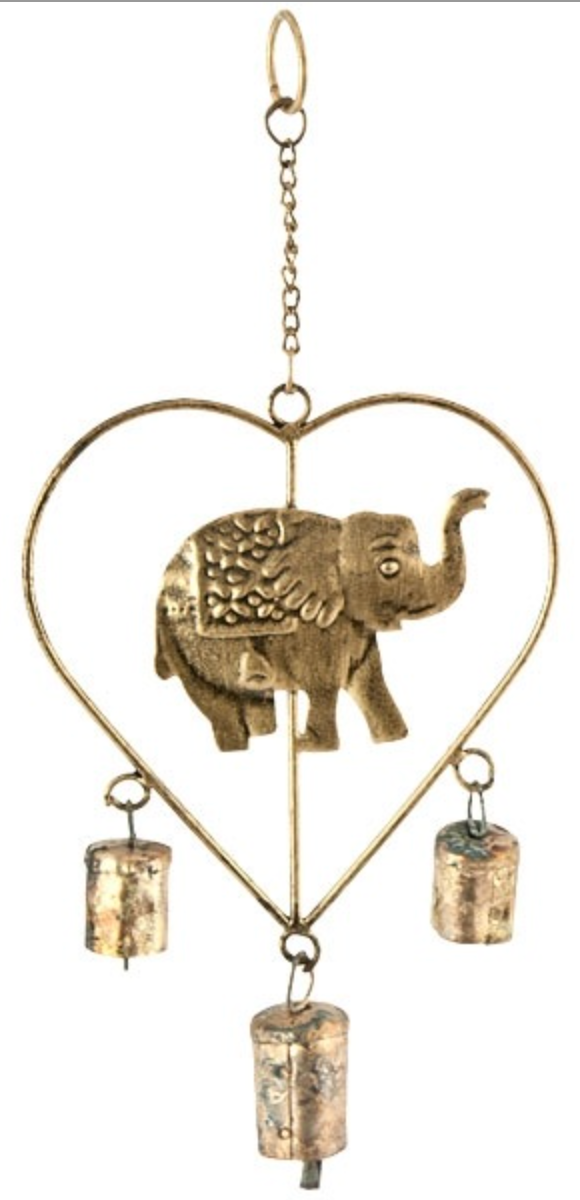 Wind Chimes | Elephant in Heart Chime with Bells - 5.5"W, 12"H