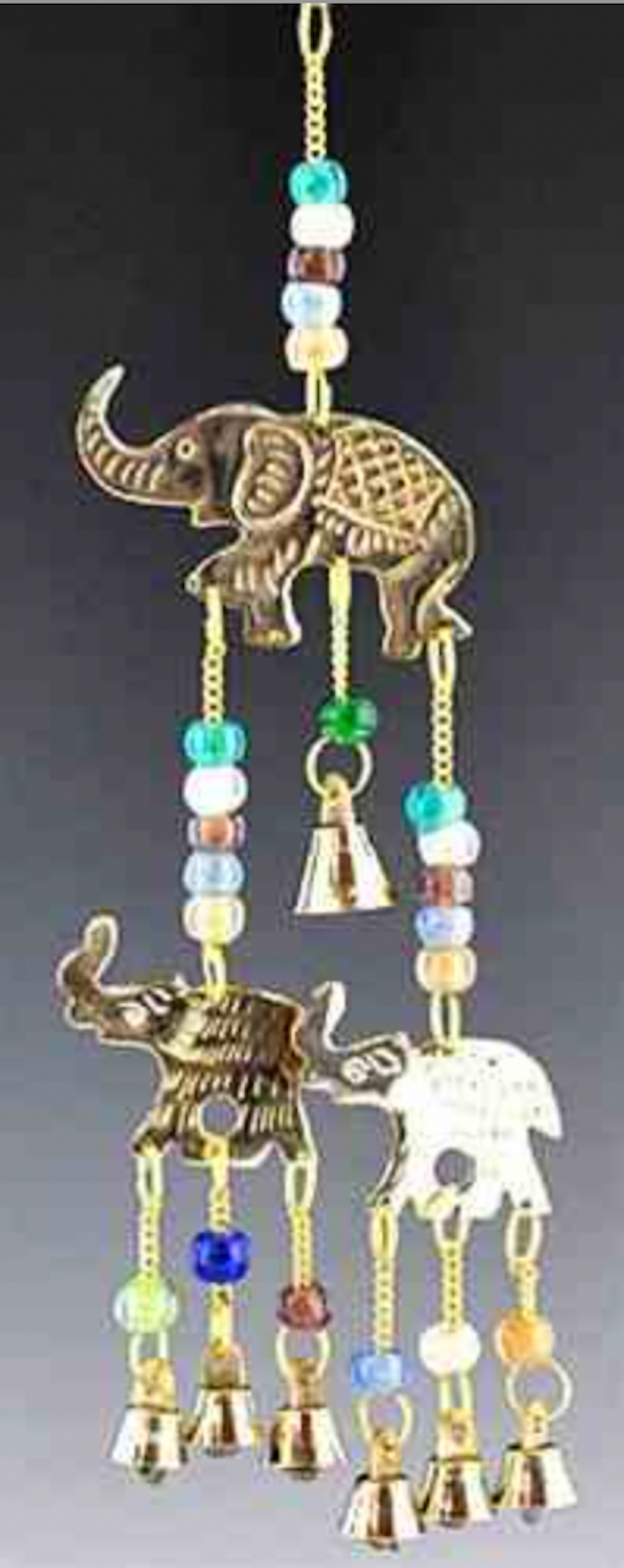 Wind Chimes | Triple Elephant Brass Chime with Bells & Beads - 12"L