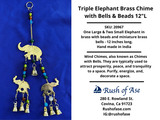 Wind Chimes | Triple Elephant Brass Chime with Bells & Beads - 12"L