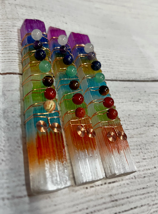 Selenite Copper Wrapped Chakra Stone Wand
